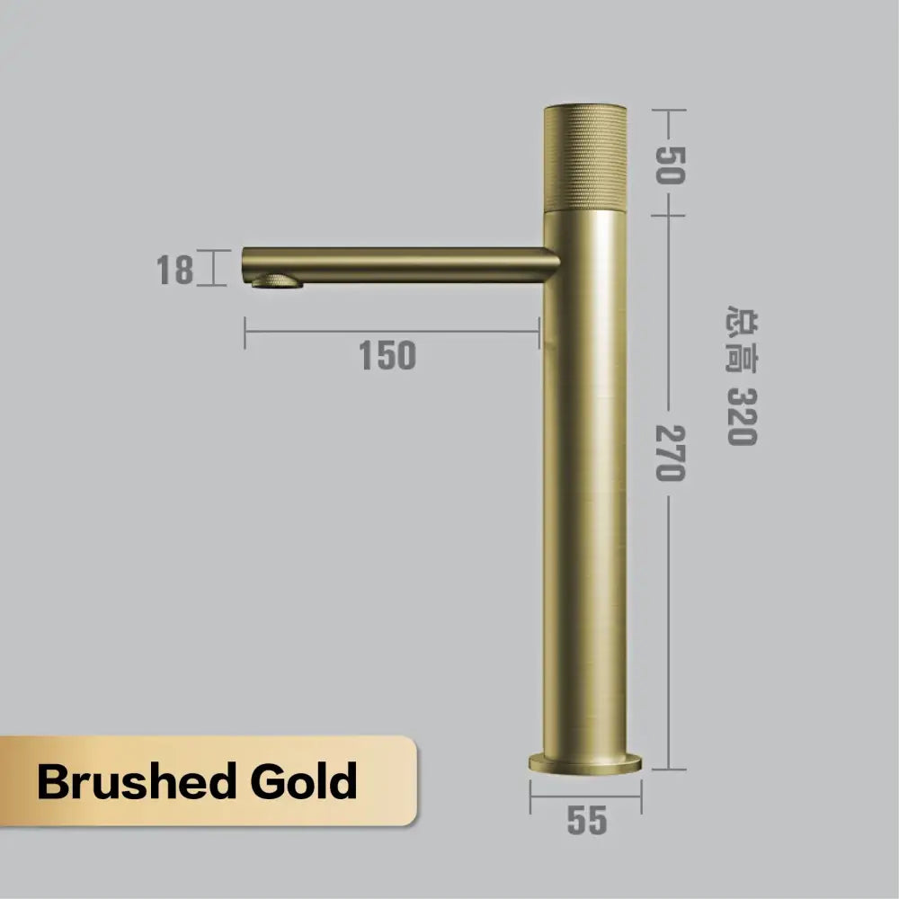 Modern matte bronze basin faucet with brushed gold finish, sleek tall cylindrical body, and horizontal spout for kitchen use