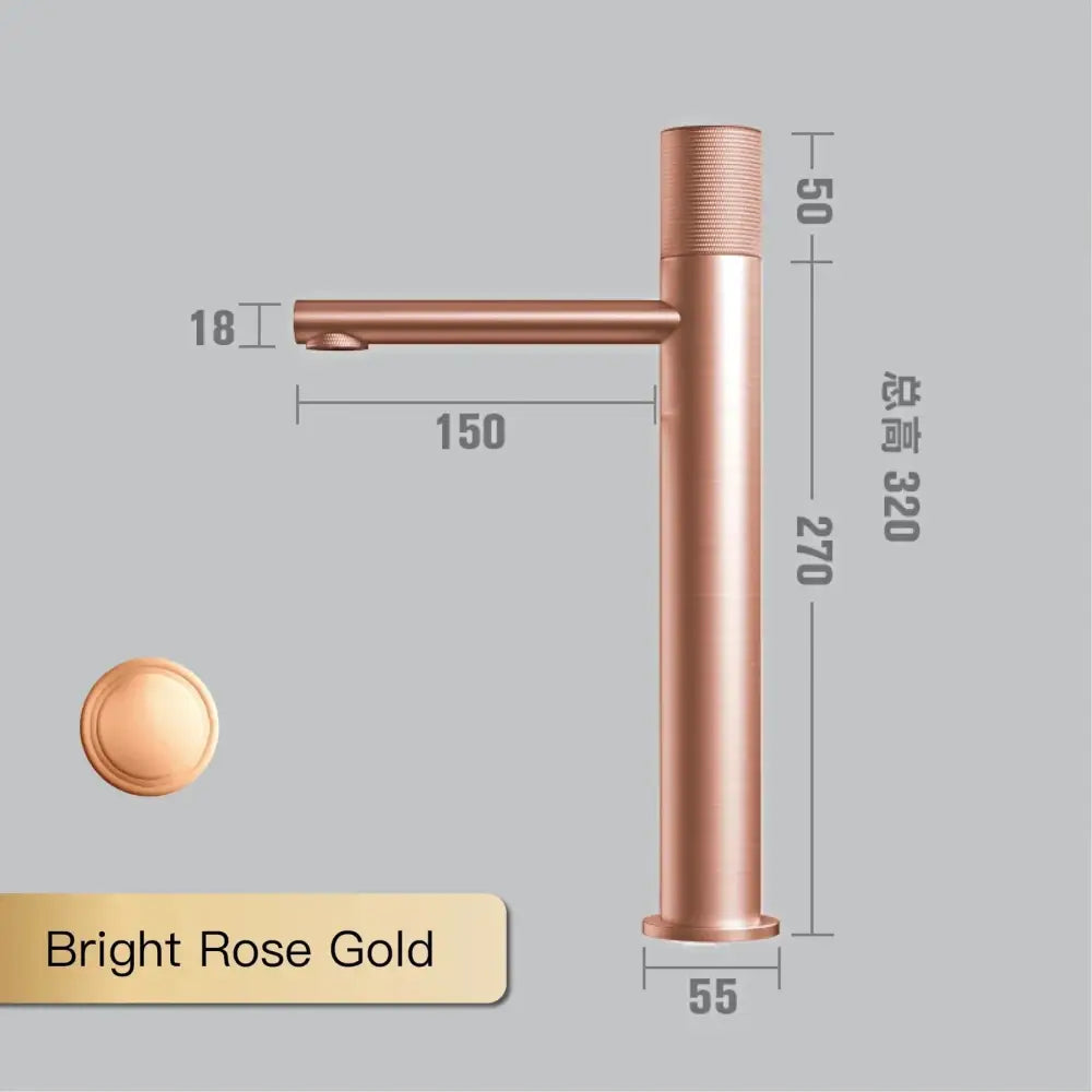 Bright rose gold single-handle basin faucet with modern design and brushed metallic finish for bathroom use