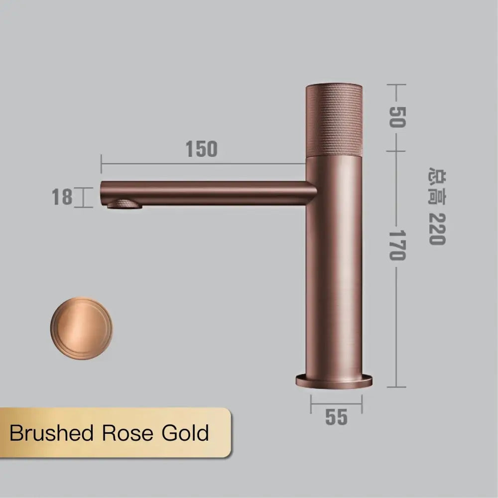 Brushed rose gold basin faucet with single handle and textured cylindrical spout in modern matte bronze finish