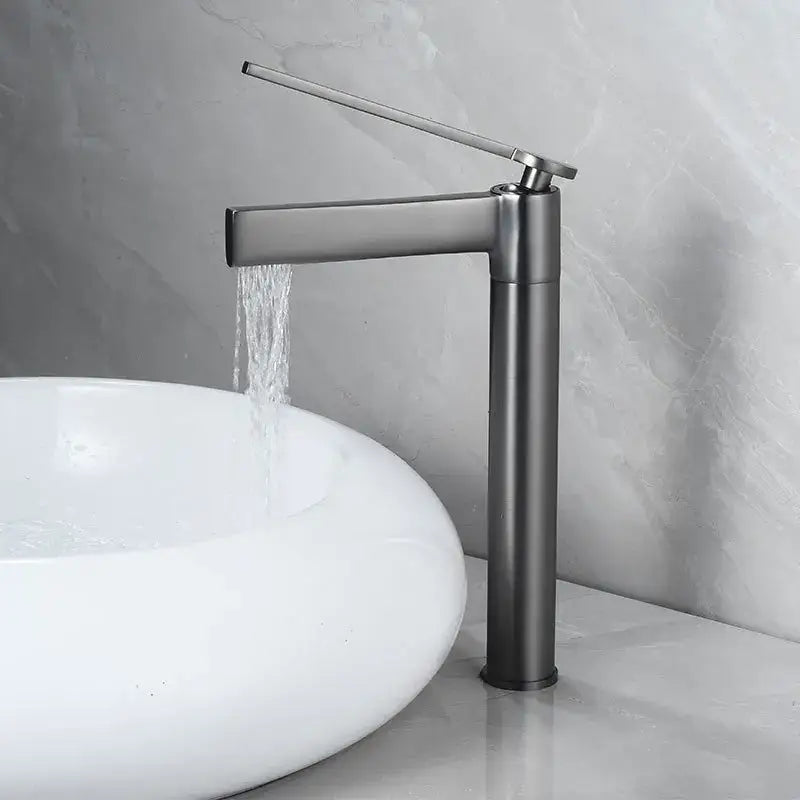 Modern matte black decorbites basin faucet with sleek minimalist design and long spout for bathroom use