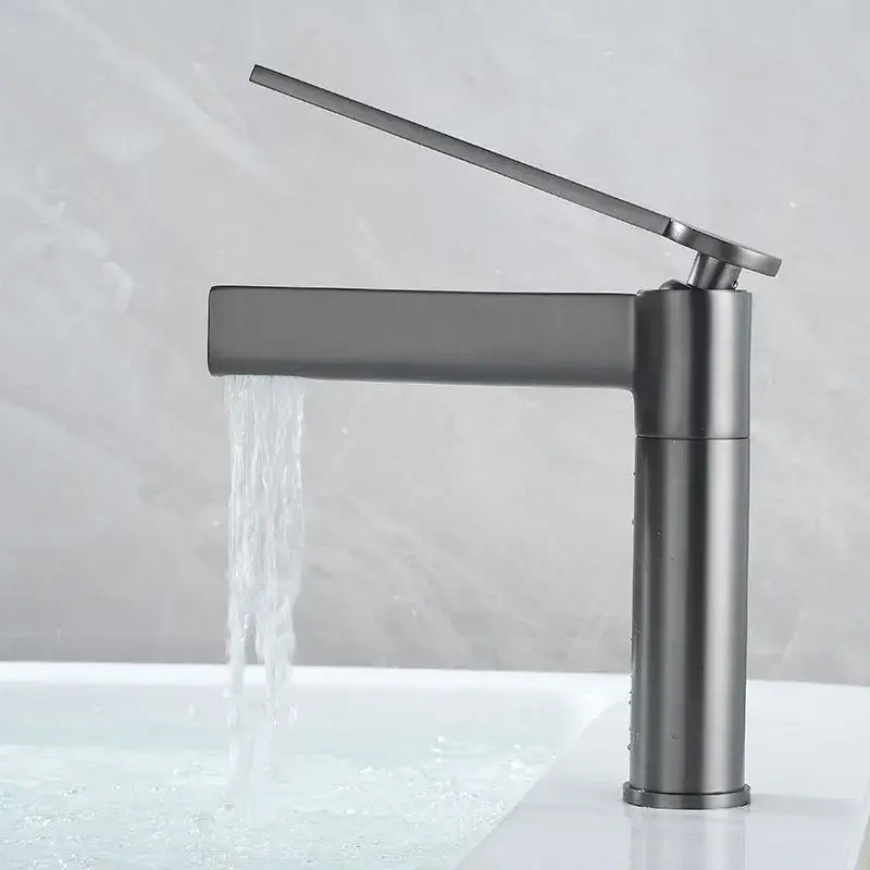 Modern matte chrome decorbites basin faucet with sleek minimalist design and long flat spout for bathroom use