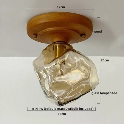 Modern matte dome ceiling lamp with led wood canopy featuring warm wooden base and translucent amber glass shade