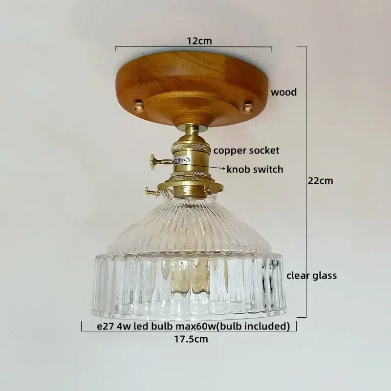 Modern matte dome ceiling lamp with led wood canopy featuring warm wood base brass copper socket and clear ridged glass shade