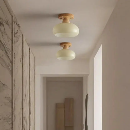 Two off-white dome ceiling lamps with decorbites led wood canopy for modern living room lighting decor