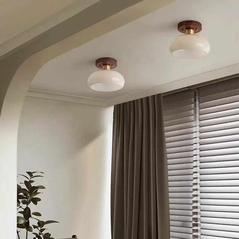 Two minimalist ceiling lamps with warm wooden bases brass accents and frosted domes featuring decorbites led wood canopy