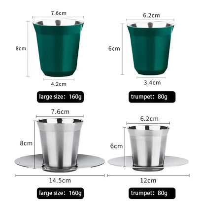 Two stainless steel double walled espresso cups in deep green and reflective metallic finishes for modern kitchen use