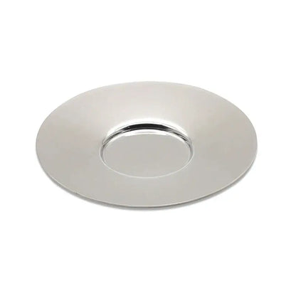 Shiny chrome-finished saucer with smooth reflective surface and raised rim for modern matte double walled espresso cups set