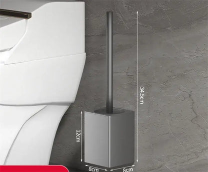 Modern matte gray and black metal toilet brush holder set with silver-toned sleek toilet brush and matching rectangular brush holder