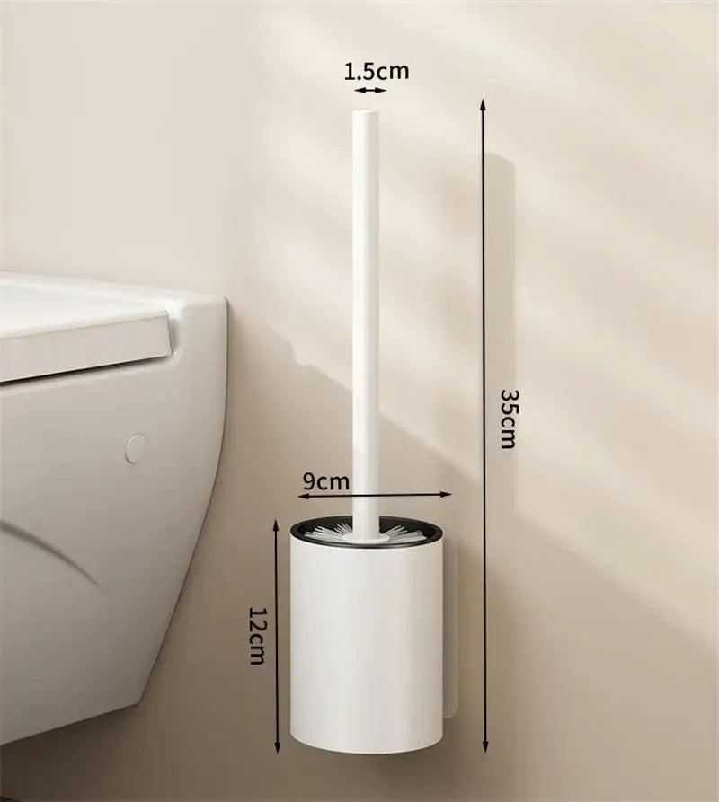 Modern matte gray and black metal toilet brush holder set with a white plastic toilet brush featuring soft bristles and sleek design