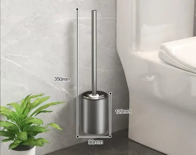 Silver stainless steel toilet brush holder with sleek cylindrical design and measurement markings for bathroom use