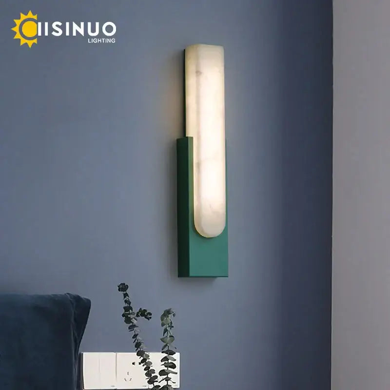 Modern matte gray and white 6＂led marble wall sconce with matte green base and off-white cylindrical diffuser for living room