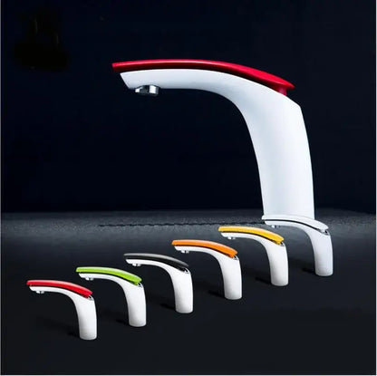 Modern matte gray brass baking finish basin faucet with sleek white curved design and red accent handle by decorbites brass baking
