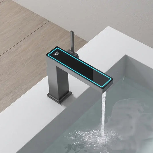 Modern matte black sink mixer with sleek rectangular design and decorbites digital display square temperature indicator