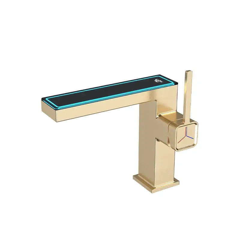 Gold-finished modern matte gray digital display square sink mixer faucet with illuminated blue led strip and color indicators