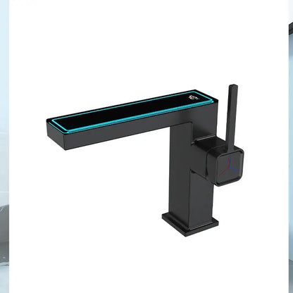 Modern matte gray sink mixer with black rectangular spout and teal led accent decorbites digital display square design