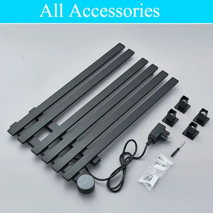 Modern matte gray digital touch towel warmer with black matte electric wall-mounted slatted design and mounting hardware