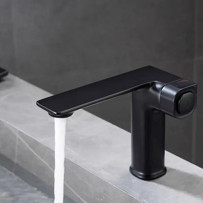 Modern matte gray sink mixer with memory switch featuring a black matte finish and sleek rectangular spout design