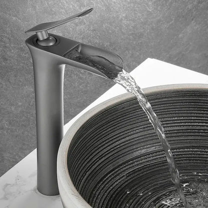 Modern matte grey waterfall brass basin faucet with sleek waterfall spout design for bathroom sink decorbites grey waterfall