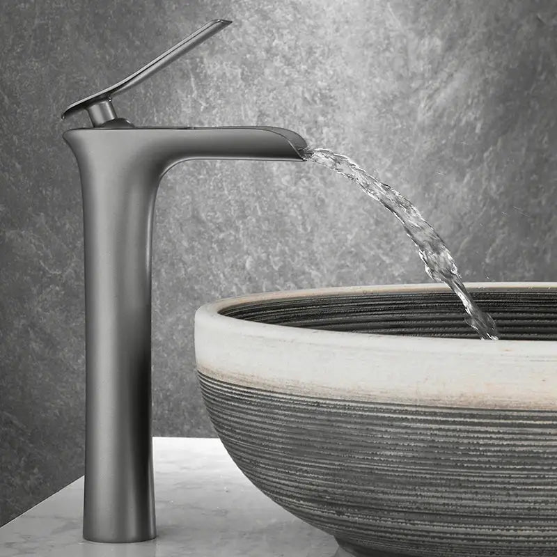 Modern matte grey waterfall brass basin faucet with sleek minimalist design for bathroom sink by decorbites gray waterfall