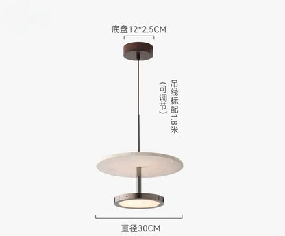 Modern matte white black stone led chandelier with dark wood base and tiered disc shades for contemporary interiors