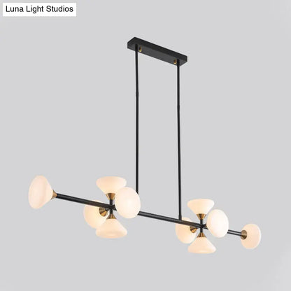 Black metal chandelier with brass accents featuring matte white glass flared globes for kitchen island lighting 220v-240v 110v-120v
