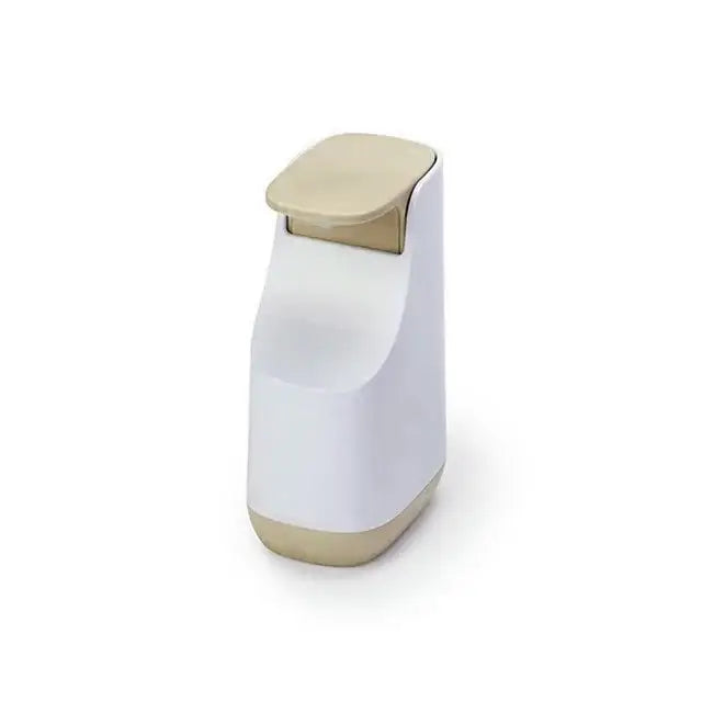 Modern matte white and beige soap pump dispenser with sleek minimalist design for kitchen space saving use