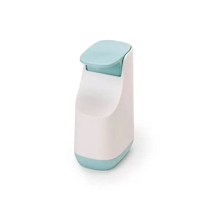 A sleek modern matte white and teal soap pump dispenser with a two-toned design for kitchen space saving