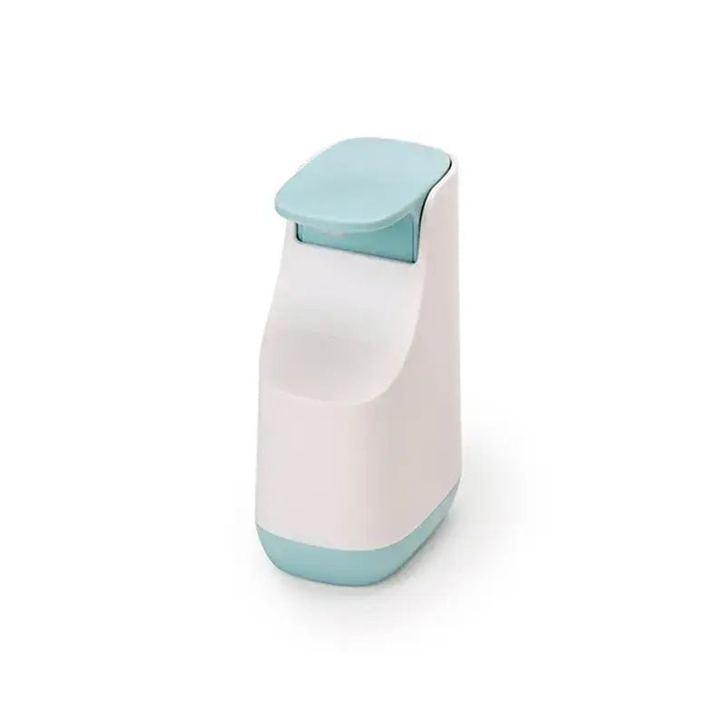 A sleek modern matte white and teal soap pump dispenser with a two-toned design for kitchen space saving