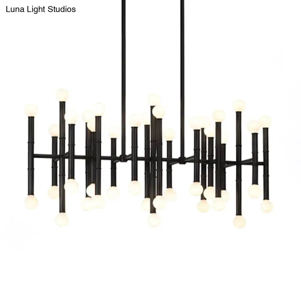DecorBites™ modern metal island light with 42 black bamboo-inspired rods and spherical e12 e14 bulbs for up and down lighting