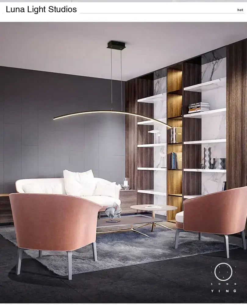 Modern metallic arc shape led pendant lights with a curved minimalist design and warm glow for dining room lighting