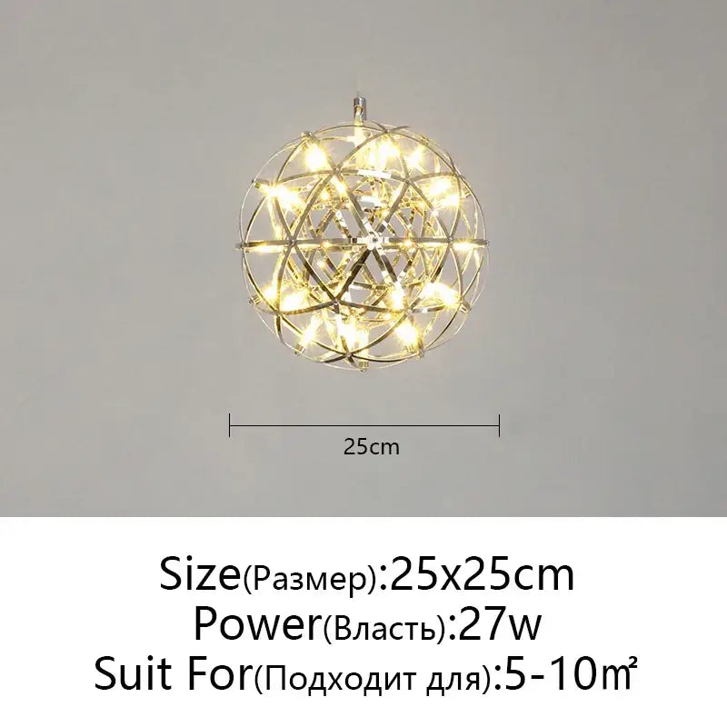 A modern metallic ball fireworks pendant light with warm glowing lights and spherical frame for living room use