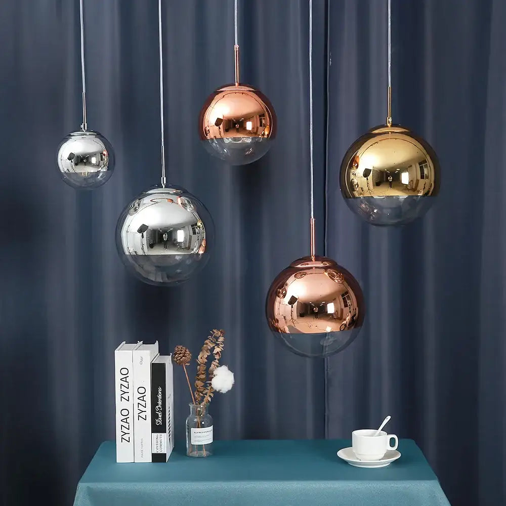 Modern metallic glass ball electroplate pendant light with silver, rose gold, and brass finishes for kitchen decorbites glass ball