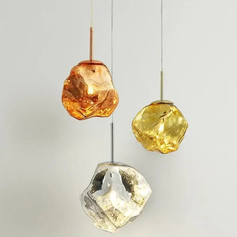 Modern metallic ice glass pendant light with amber gold and clear ice glass pendant shades for dining room decorbites ice glass