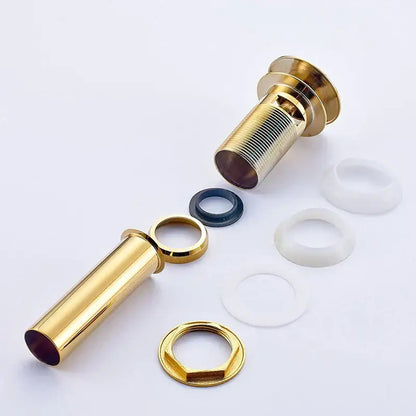 Gold-colored brass modern metallic pop up bathroom basin waste with threaded body and matching hexagonal nut for bathroom basin