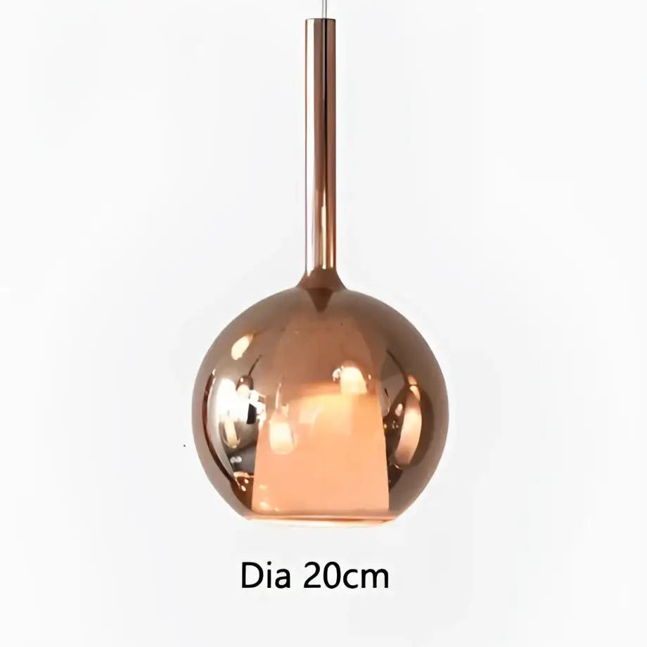 Copper-finished modern metallic spherical pendant light with reflective glass and cylindrical stem by decorbites designer glass chandelier