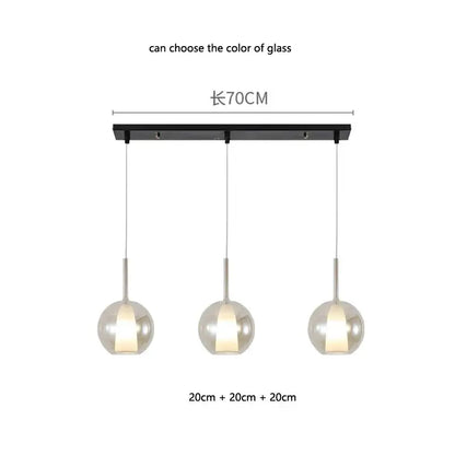 Modern metallic spherical designer glass chandelier with three glass pendant light shades on black bar for dining room decorbites designer glass