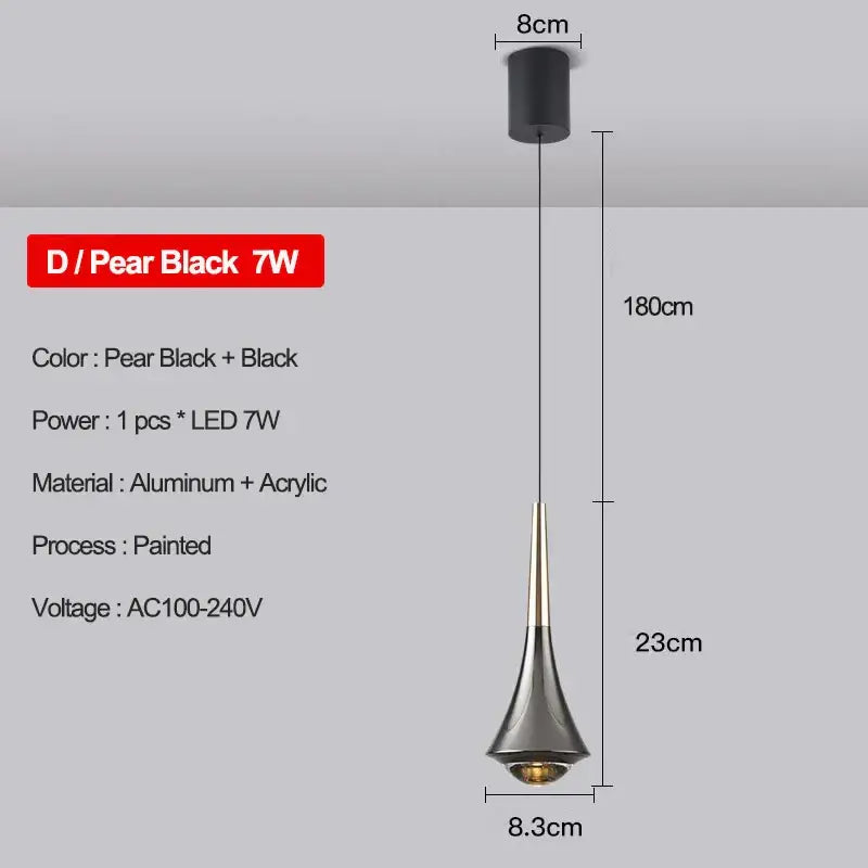 A sleek pear-shaped decorbites led pendant light in black and metallic aluminum and acrylic for modern interiors