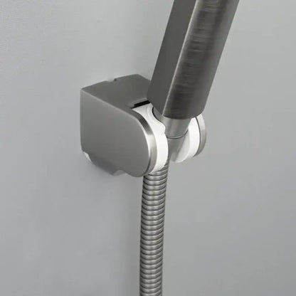 Modern minimalist adjustable shower head holder wall mount in brushed stainless steel with white plastic accents