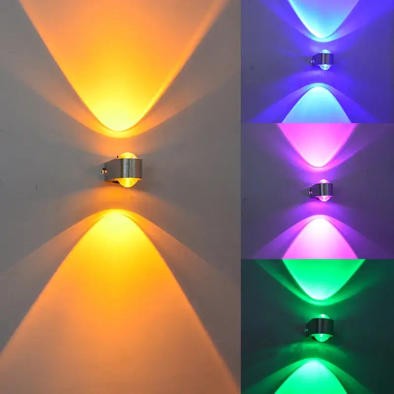 Modern minimalist aluminum led wall lamp with sleek angular design casting multicolor triangular light beams for bedroom decor
