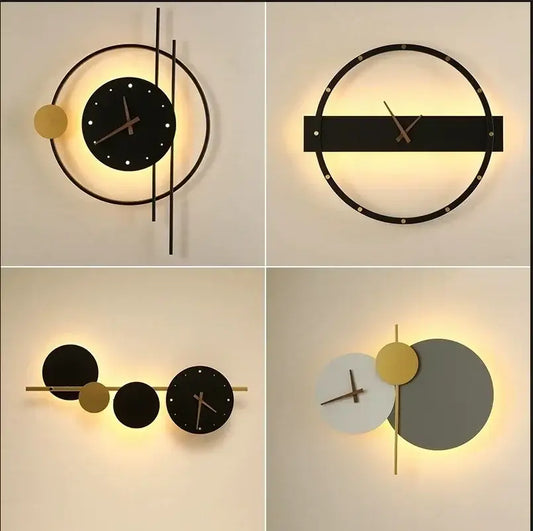 Modern minimalist backlit led wall clock sconce with black white and gold circular design for living room home decor