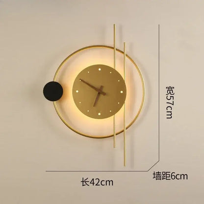 Modern minimalist backlit led wall clock sconce in gold tone with black accent for living room home decor
