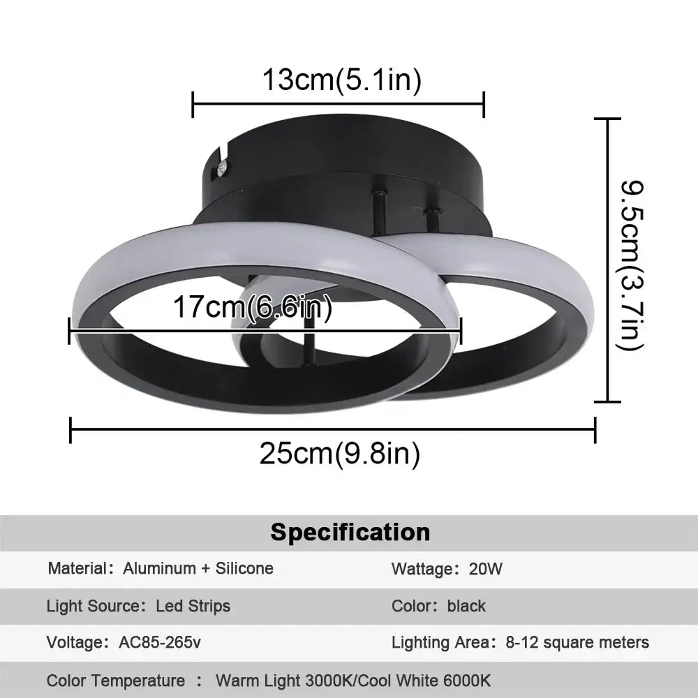Modern minimalist black acrylic led ceiling lamp with two aluminum and silicone rings for warm or cool white lighting