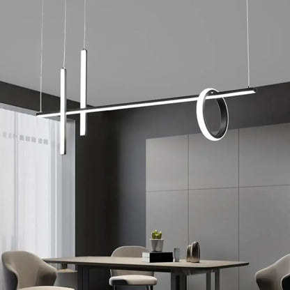 DecorBites™ black acrylic pendant light with sleek silver rods and glowing circular LED ring for modern minimalist decor