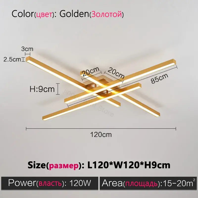 Modern minimalist black chandelier led ceiling light with sleek metallic bars and golden cross-shaped illuminated strips for living room decorbites black chandelier
