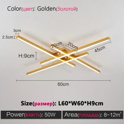 Modern minimalist black chandelier led ceiling light with golden cross-shaped illuminated metallic bars for living room decorbites black chandelier