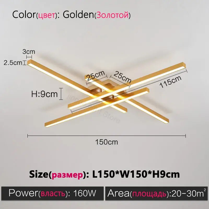 Modern minimalist black chandelier led ceiling light with golden cross-shaped metallic bars for living room decorbites black chandelier