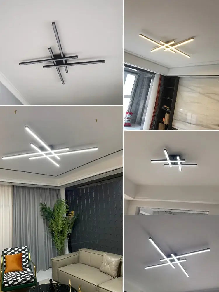 Modern minimalist decorbites black chandelier led ceiling light with geometric intersecting bar design for living room decor