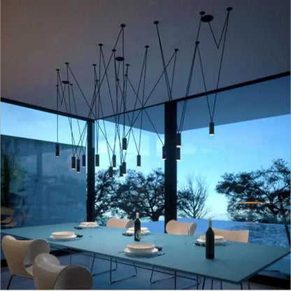 Modern minimalist black pendant lamp with slender metal rods and cylindrical lights for decorbites geometric vintage style