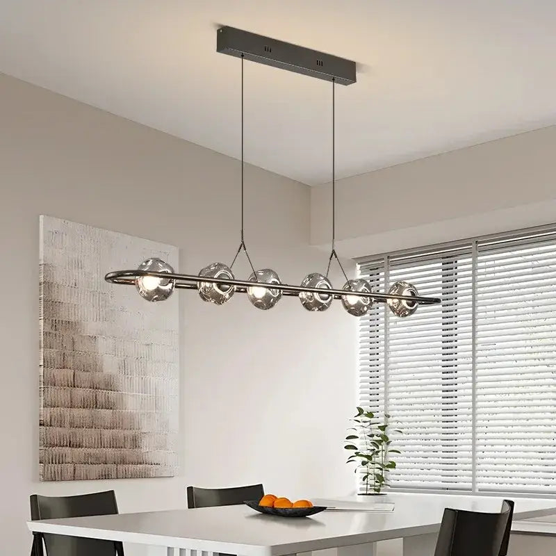 Modern minimalist black glass led chandelier pendant light with five spherical bulbs for bedroom lighting