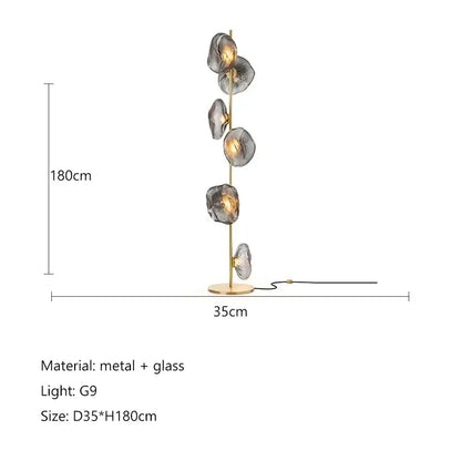 Modern floor lamp with slender gold frame and five translucent gray glass shade led lights for home decor living room